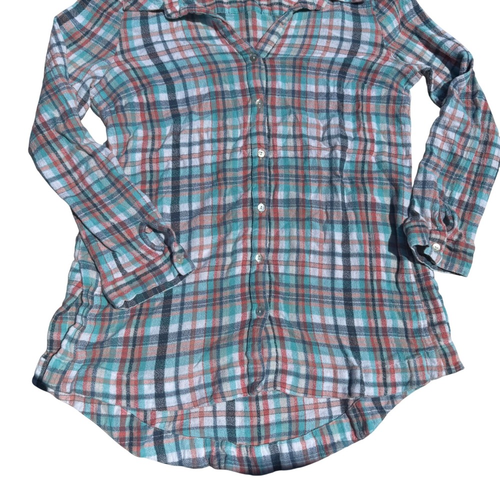 Soft Surroundings Womens Large Plaid Flannel Button Down Shirt Turquoise Coral